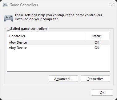 Game Controllers (joy.cpl) — two vJoy Devices listed with status OK and no physical sticks