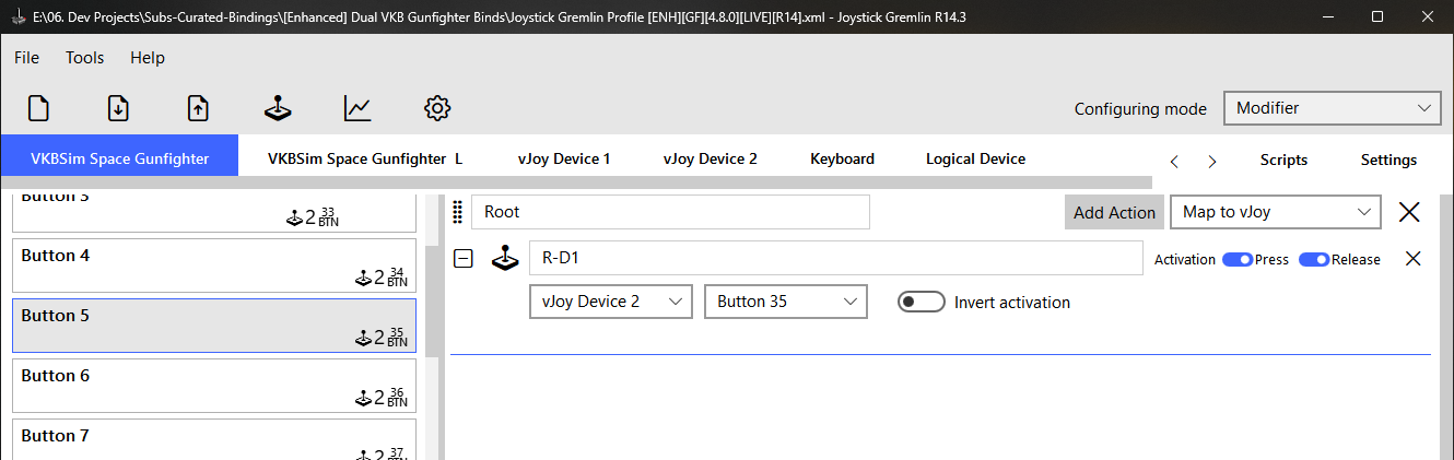 Joystick Gremlin main window with a curated profile loaded — device tabs for the physical stick, vJoy Device 1 and 2, and Keyboard, with a Map to vJoy action shown