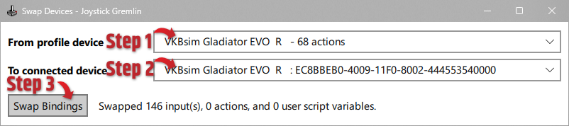 Swap Devices dialog — first stick: select the profile device, select the connected device, then click Swap Bindings