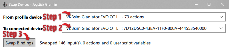 Swap Devices dialog — second stick: select the profile device, select the connected device, then click Swap Bindings